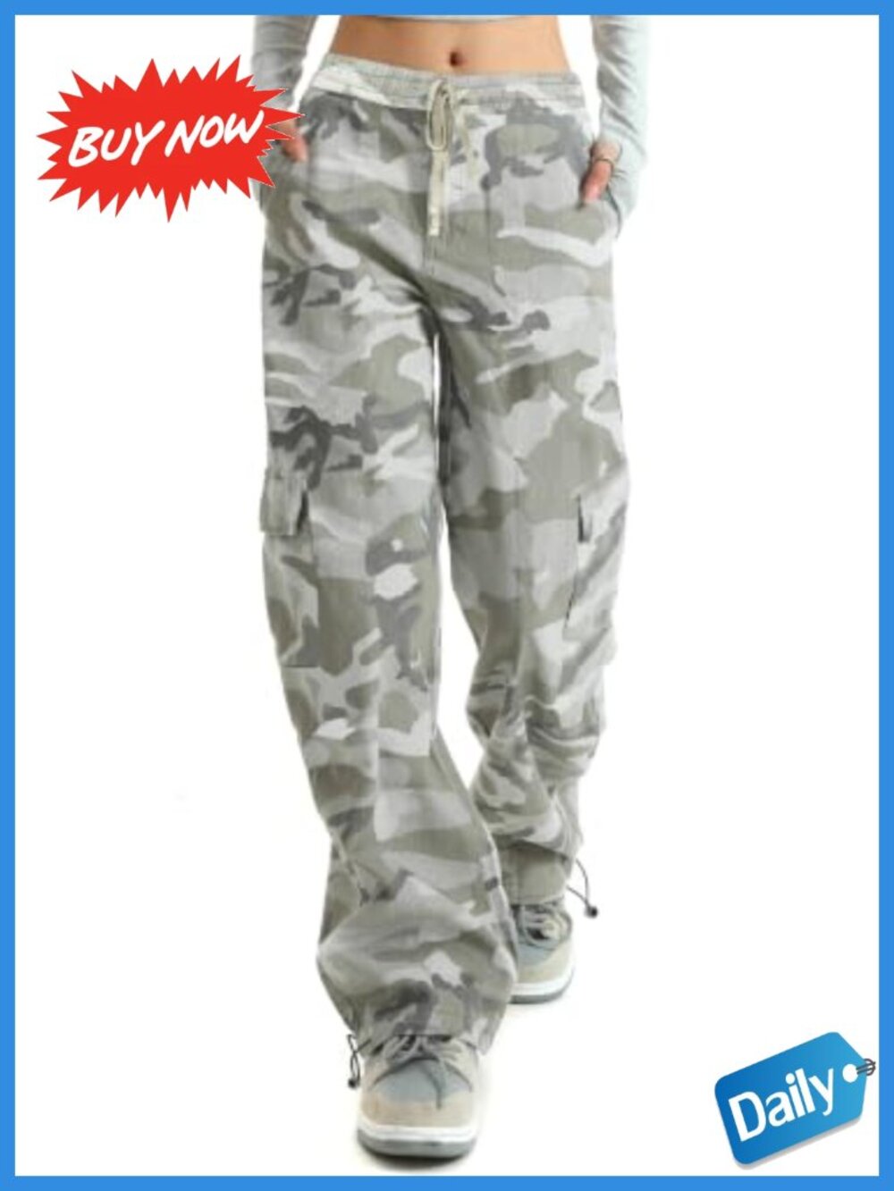 High Waisted Wide Leg Camo Cargo Pants Cotton Drawstring Women's
